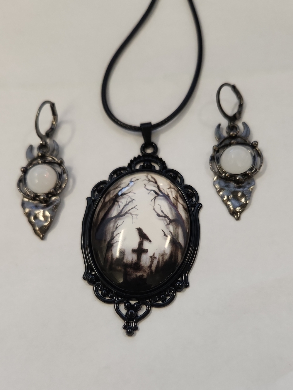 Gothic Black Tombstone Cameo Necklace and Moonstone Dangle Earrings Set